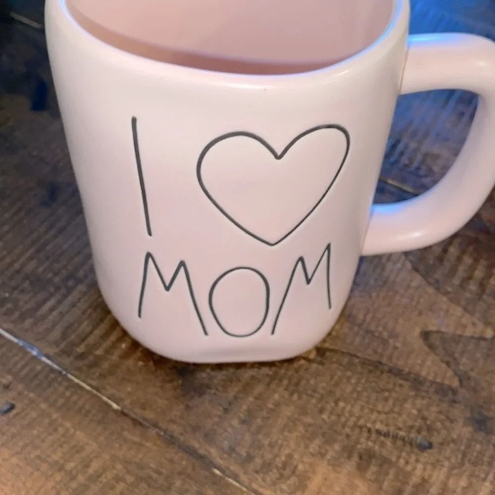 Rae Dunn light pink I Love Mom large letter ceramic coffee mug farmhouse